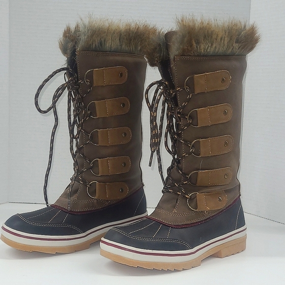 Lace Up Fur Boots Rain Snow Water Resistant Lined - Picture 1 of 8